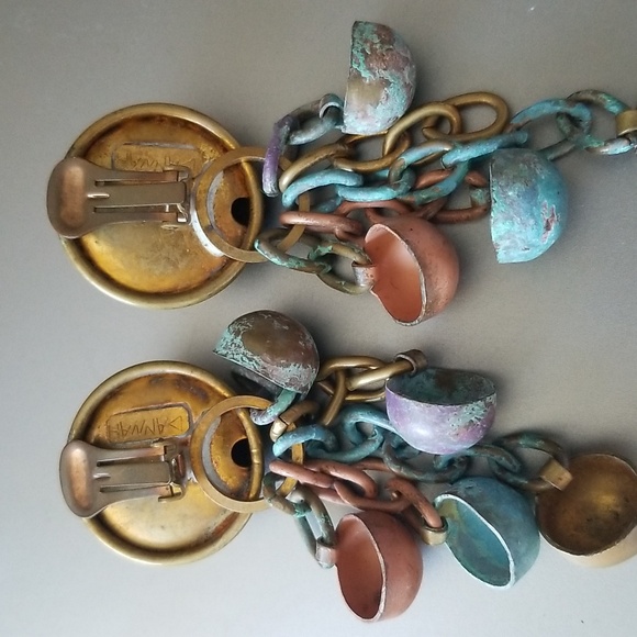 Dannah Designer Dangling Clip On Copper Brass Patina Link Handmade Earrings - Picture 10 of 16